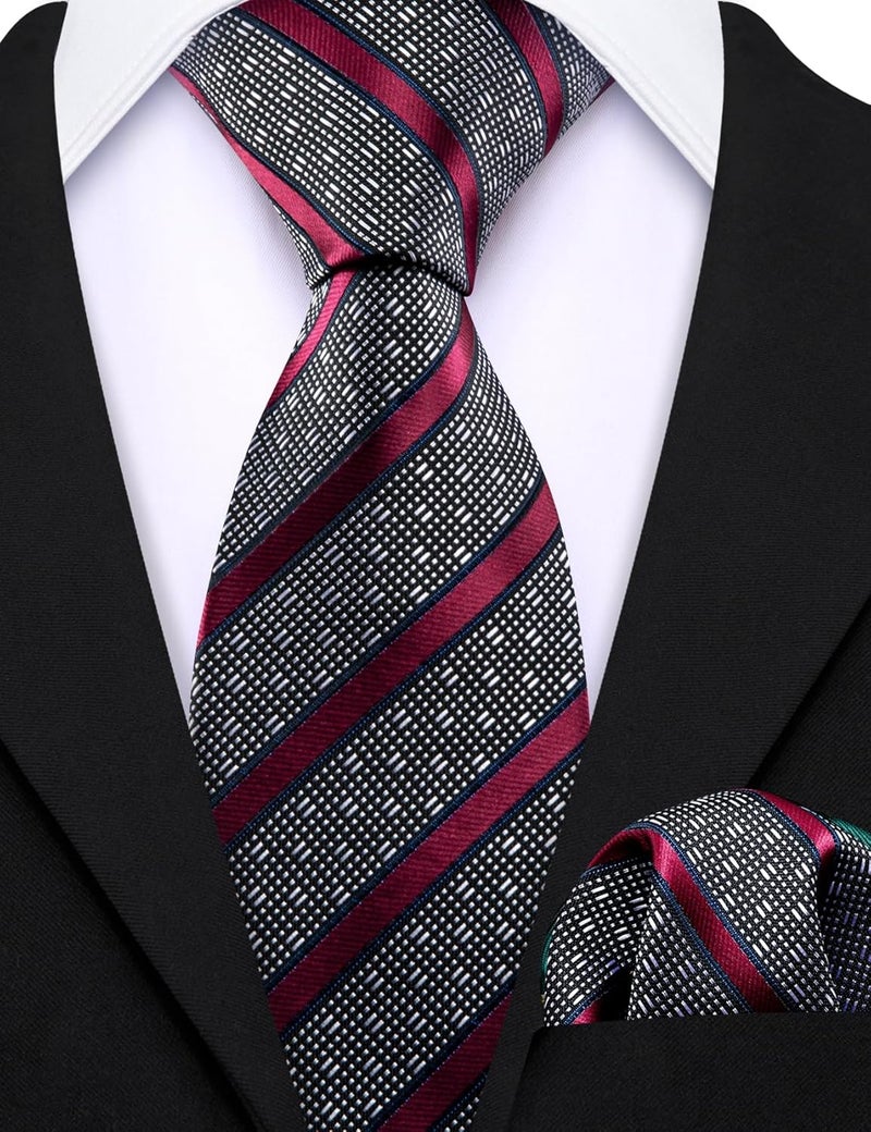 Barry.Wang Store Boy's Necktie Regular Silk Woven Stripe Solid Tie Pocket Square - Image 5